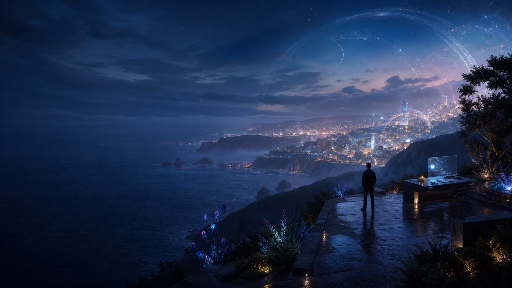 Night view of a futuristic coastal city with glowing domes and towers along the sea, watched by a person on a cliffside terrace under a starry sky